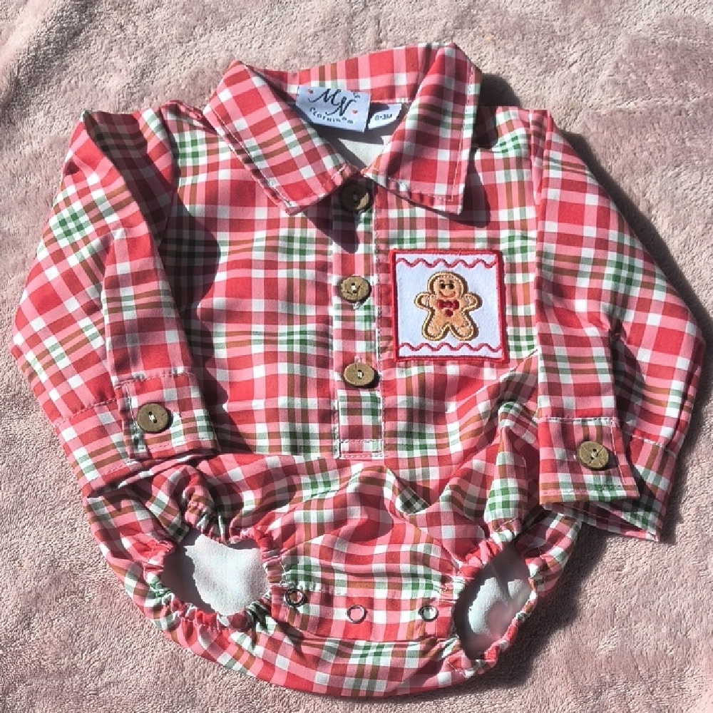Plaid Baby Onesie with Gingerbread Patch